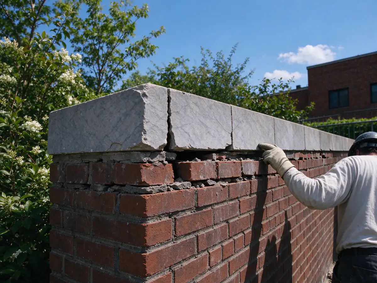A brick parapet with stone coping where the coping joints are open and the top courses are loose
