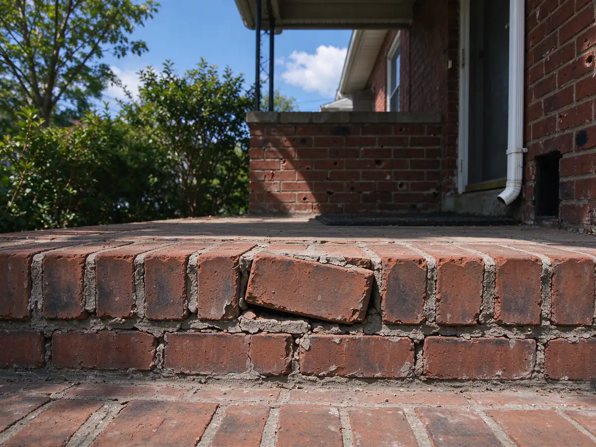 A brick stoop riser with eroded mortar joints and one loose brick