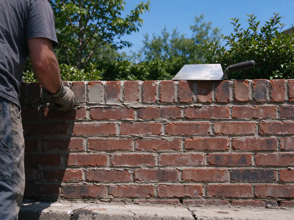 A brick wall repair in progress where new mortar joints are being laid between reused bricks, a trowel resting on the wall