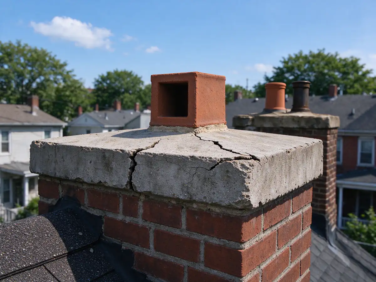 A cracked concrete chimney crown with one square clay flue tile