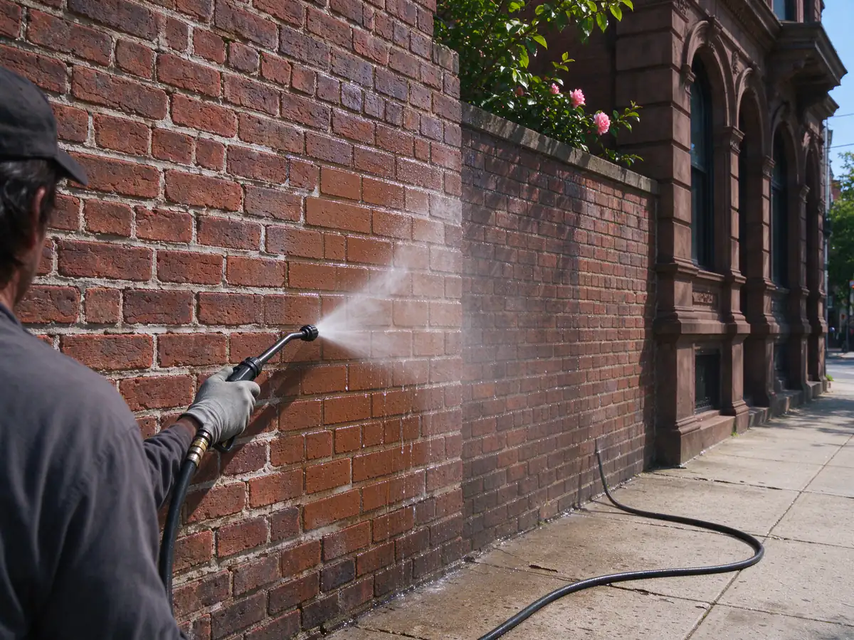 A gentle low-pressure water rinse cleaning a small test area on a historic brick facade