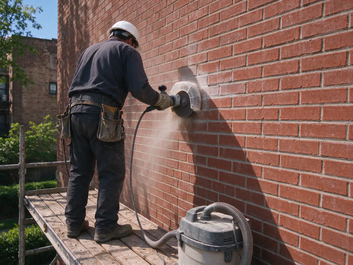 A mason on a scaffold plank runs a small angle grinder with a clear plastic dust shroud along one horizontal mortar joint of a red brick wall; a singl