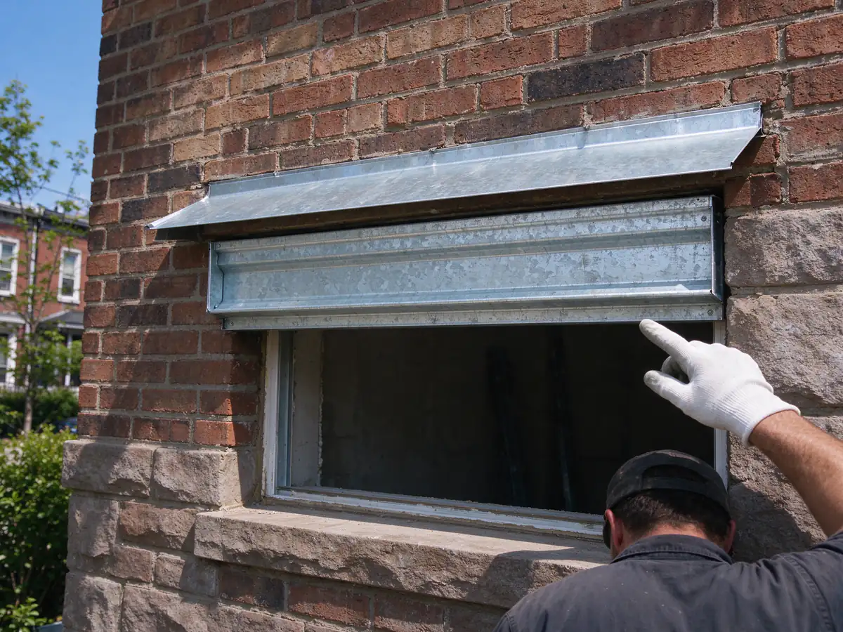 A new galvanized steel lintel set over a window opening with flashing above it