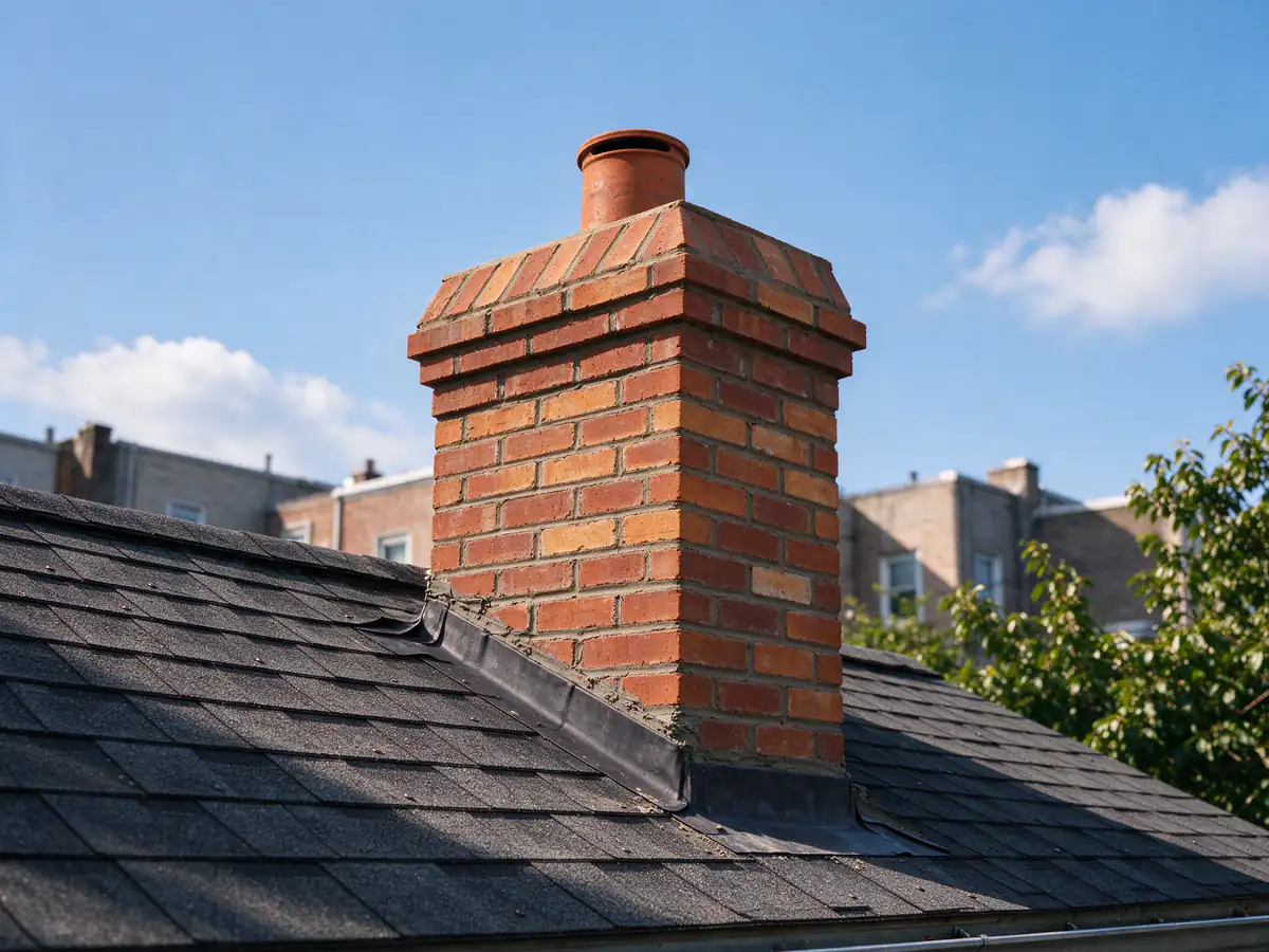 A rebuilt brick chimney with a new sloped crown and one clay flue tile, roof shingles intact around it