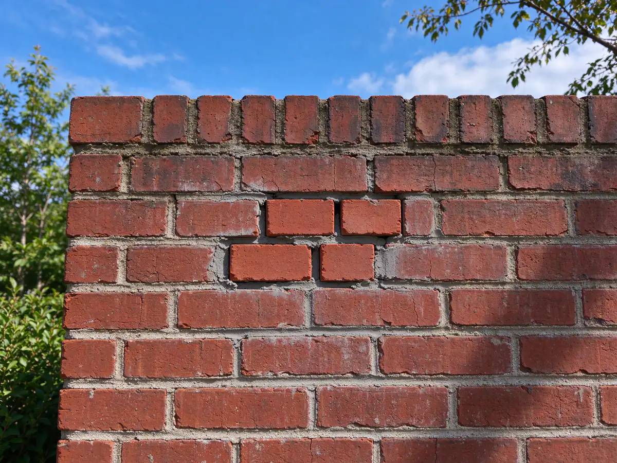 A red brick wall where three replacement bricks of closely matching color have been toothed into the old courses in a neat cluster, with fresh mortar 