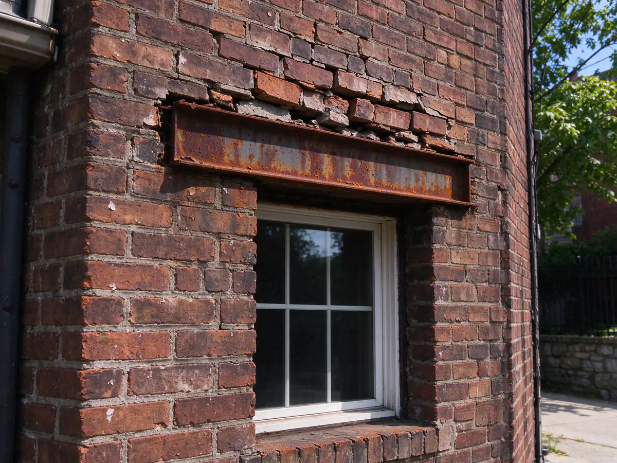 A rusted steel angle lintel above a window in an old brick wall, with the brick course just above it cracked and lifted where rust has expanded