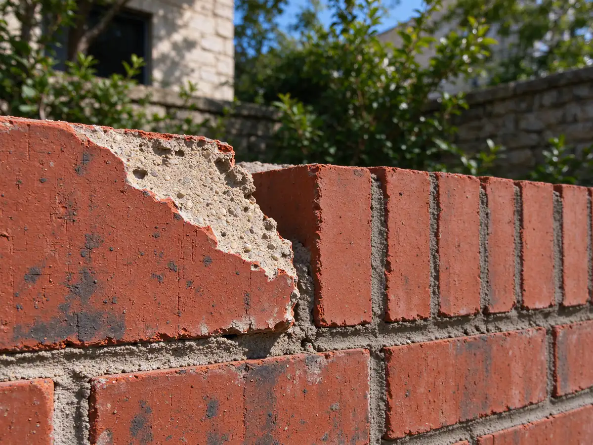 A single red brick with a spalled face beside sound bricks