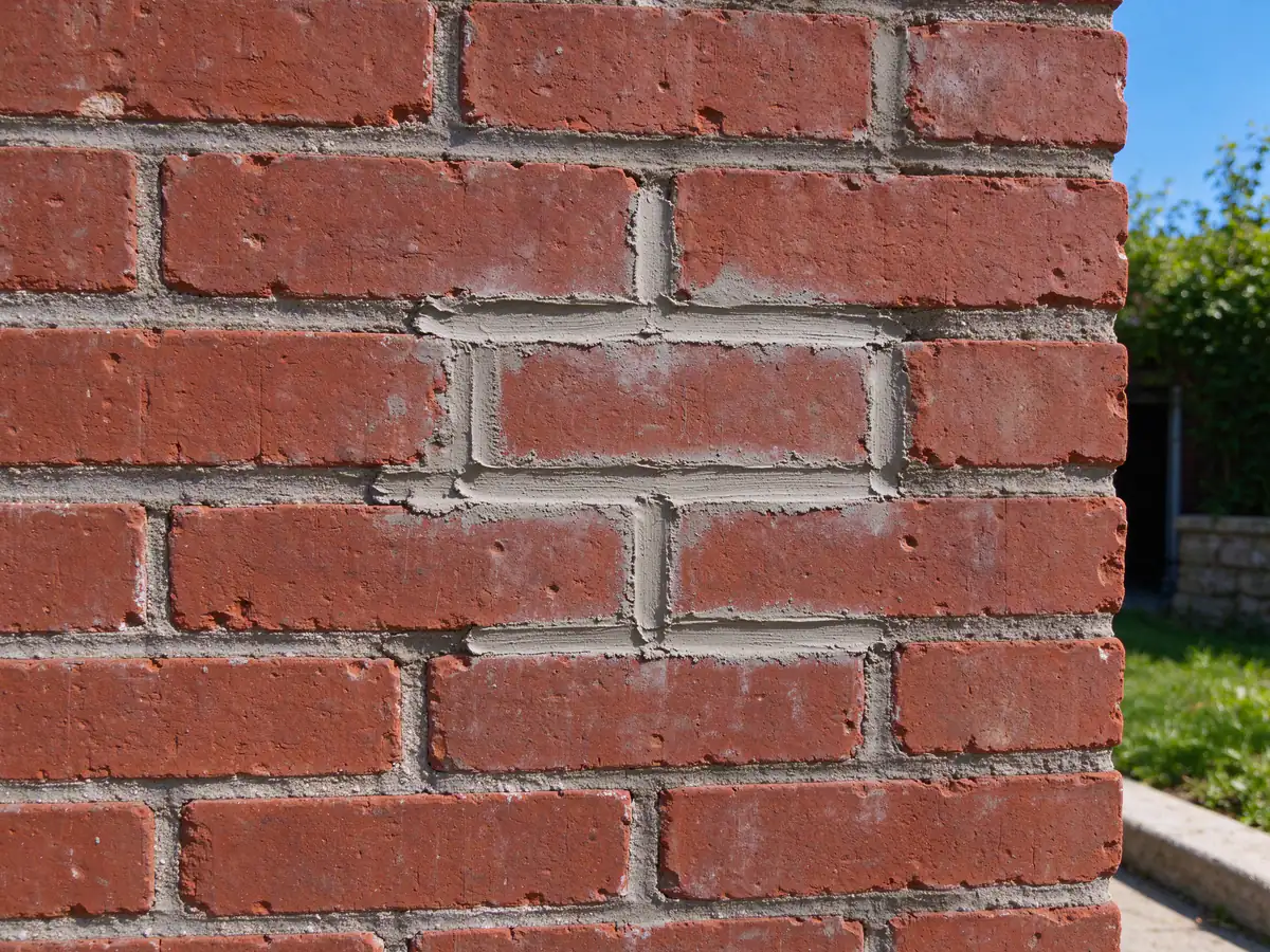 A small area of a red brick wall where about a dozen joints have been freshly repointed and have dried to a light gray that blends with the older join