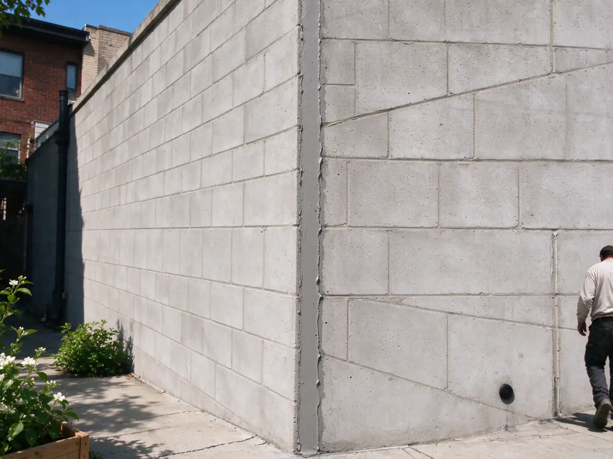 A vertical control joint in a concrete block wall filled with gray sealant