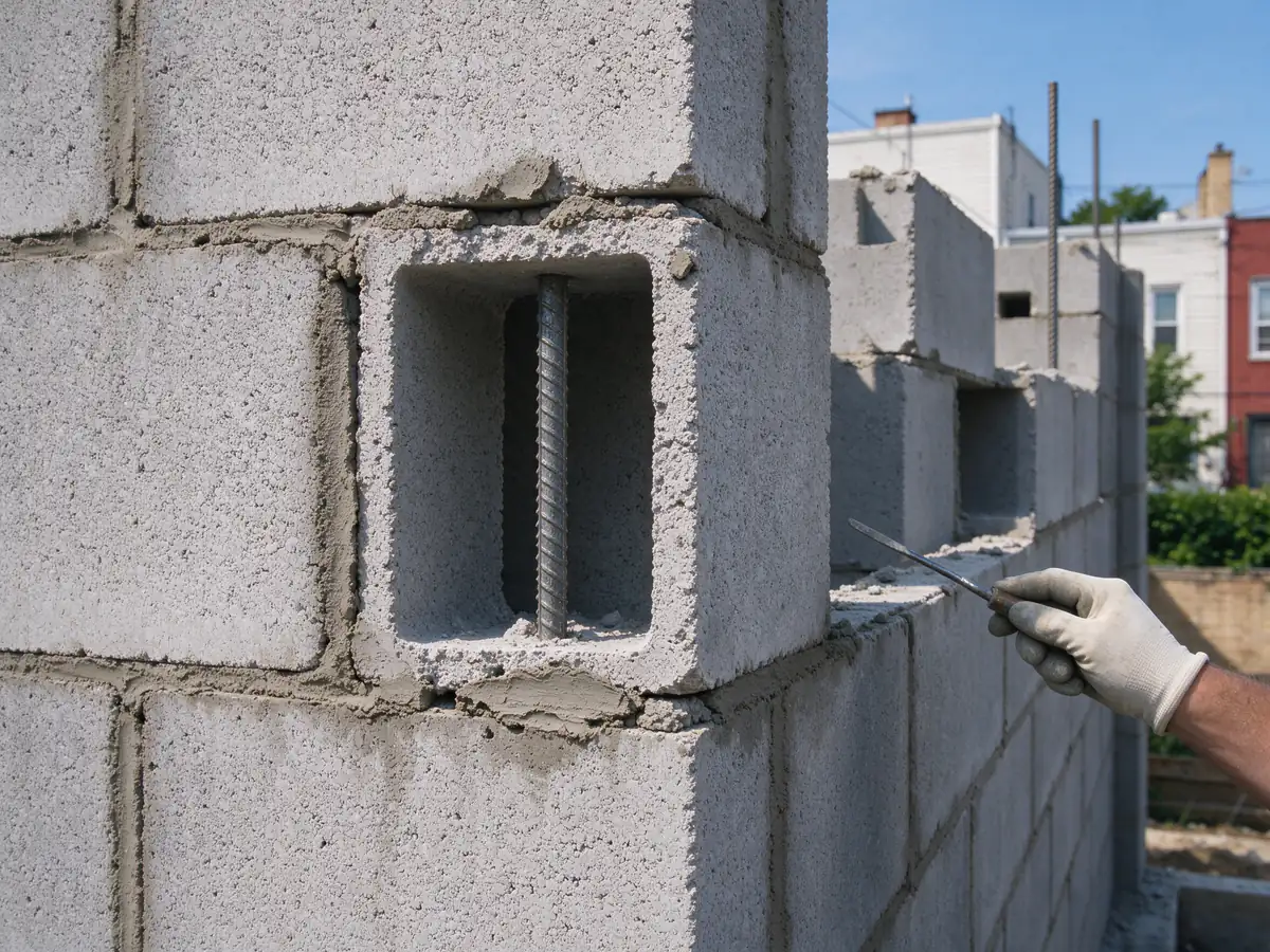 An open concrete block core showing a vertical steel bar and grout
