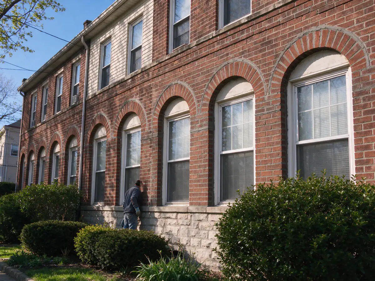 Brick arches above a row of windows on an apartment building facade, freshly repointed