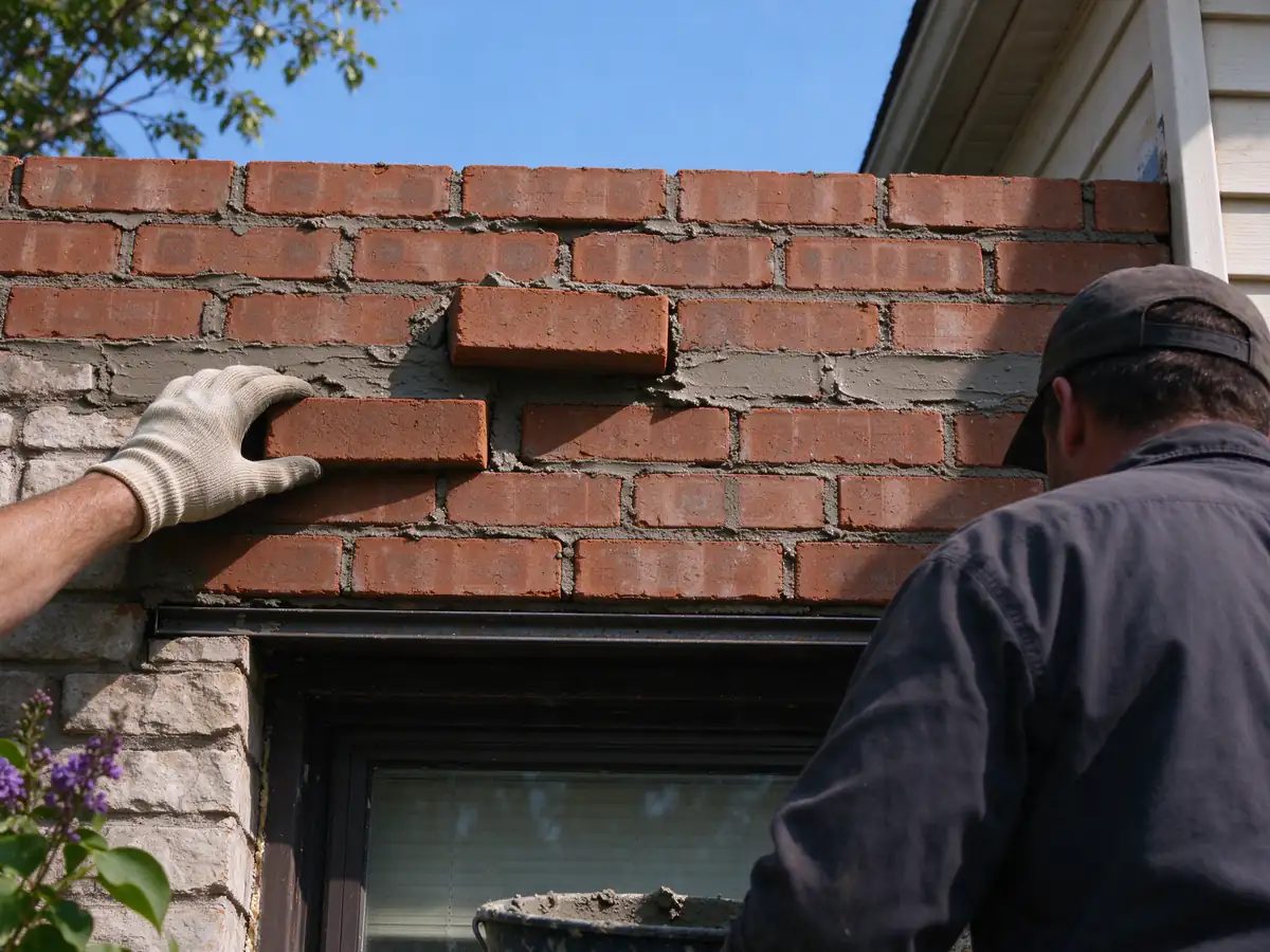 Brick being relaid above a new lintel over a window, mortar fresh