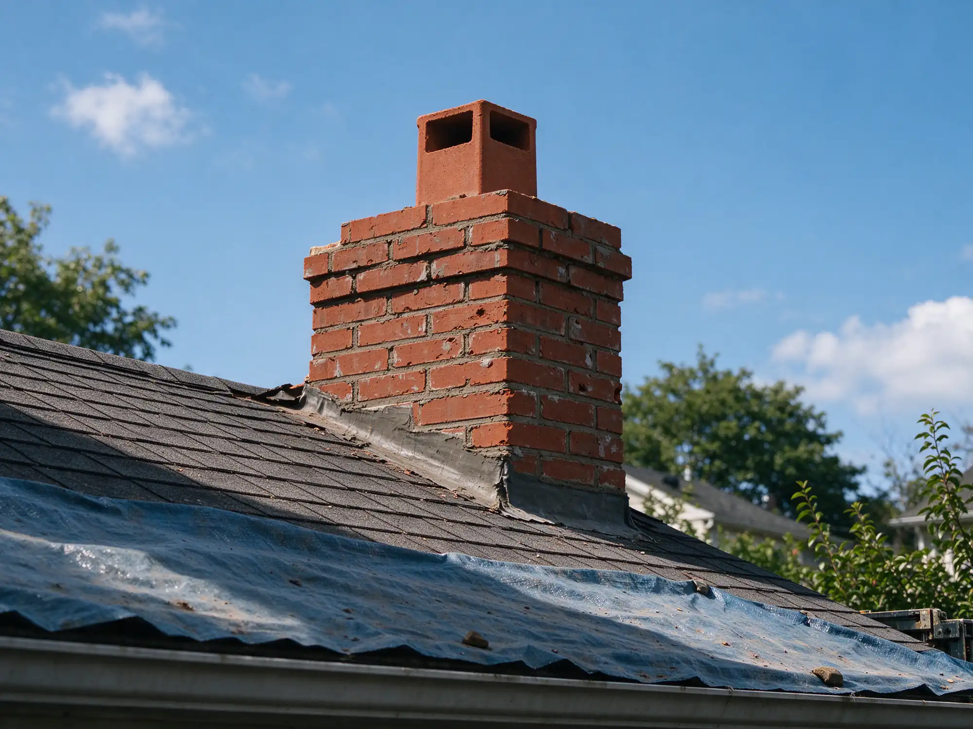 Brick chimney rebuilt above the roofline around a clay flue tile, roof protected with a tarp