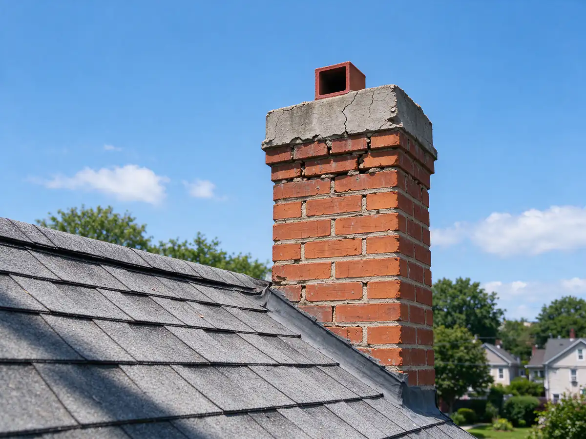 Brick chimney with open joints and a cracked concrete crown (representative before)