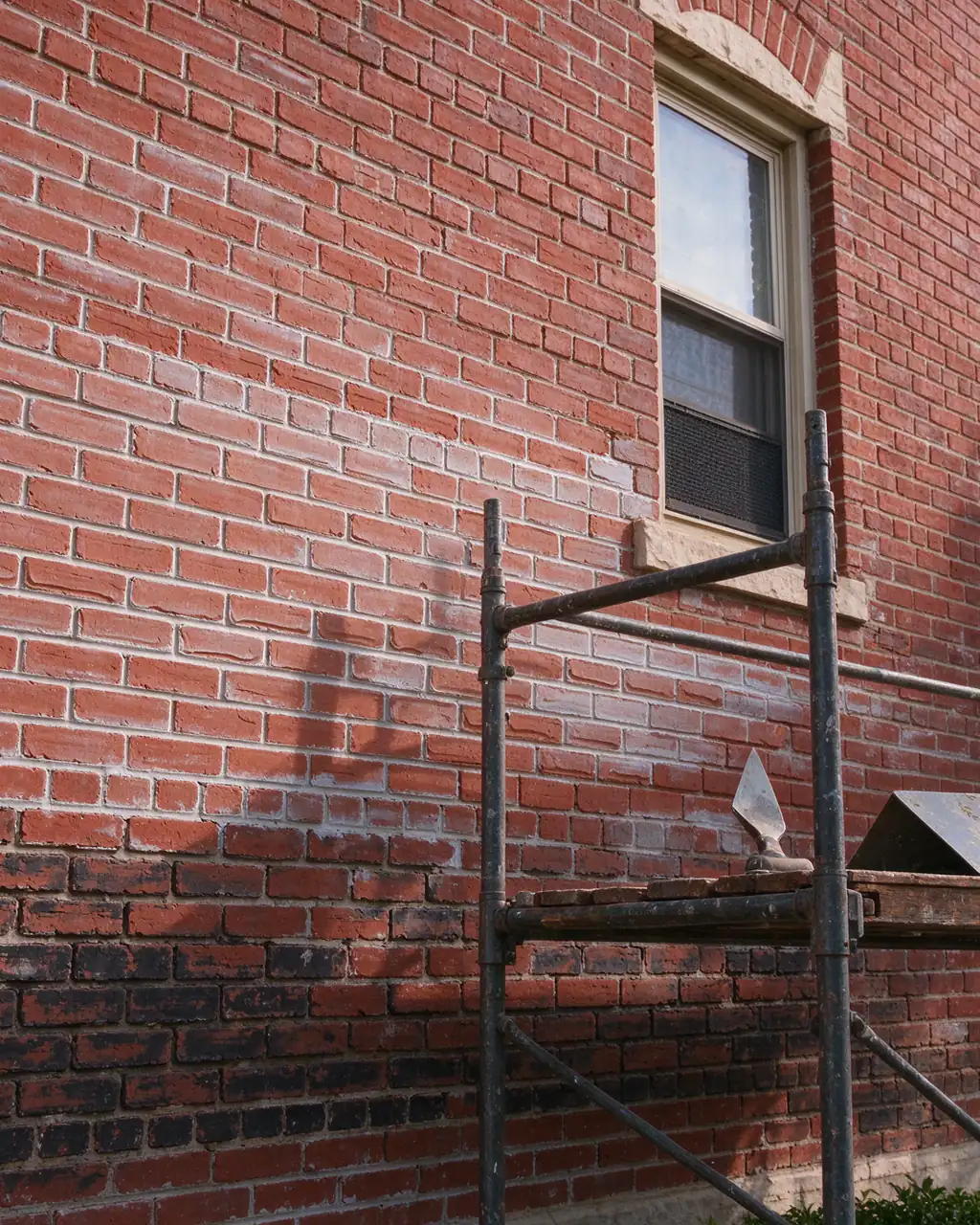 Brick rowhouse wall in Newark, NJ with fresh mortar joints above and worn joints below, scaffold and pointing tools in place