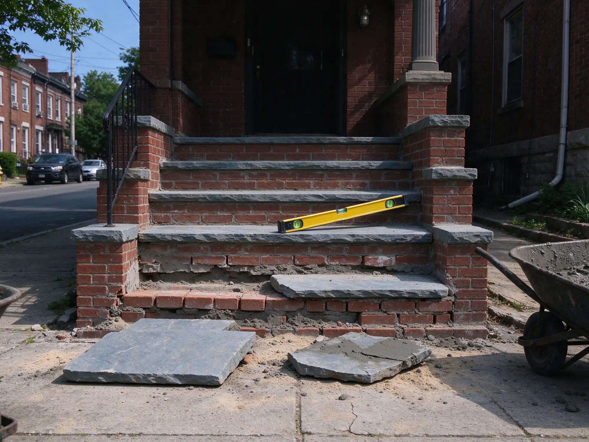 Brick stoop with bluestone treads lifted for repair in front of a Newark-area rowhouse