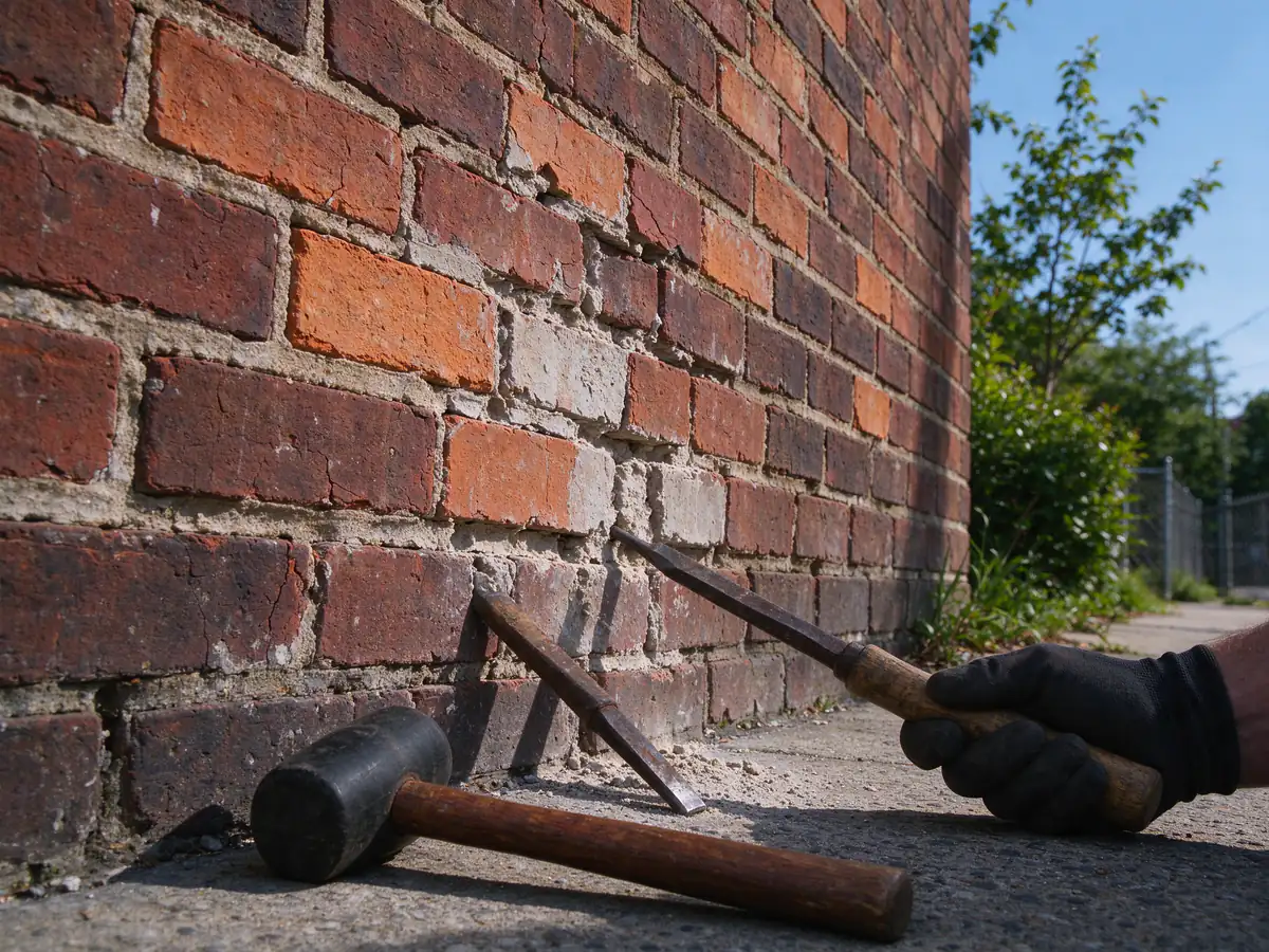 Hand chisels and a mallet used to remove soft old mortar from a historic brick wall