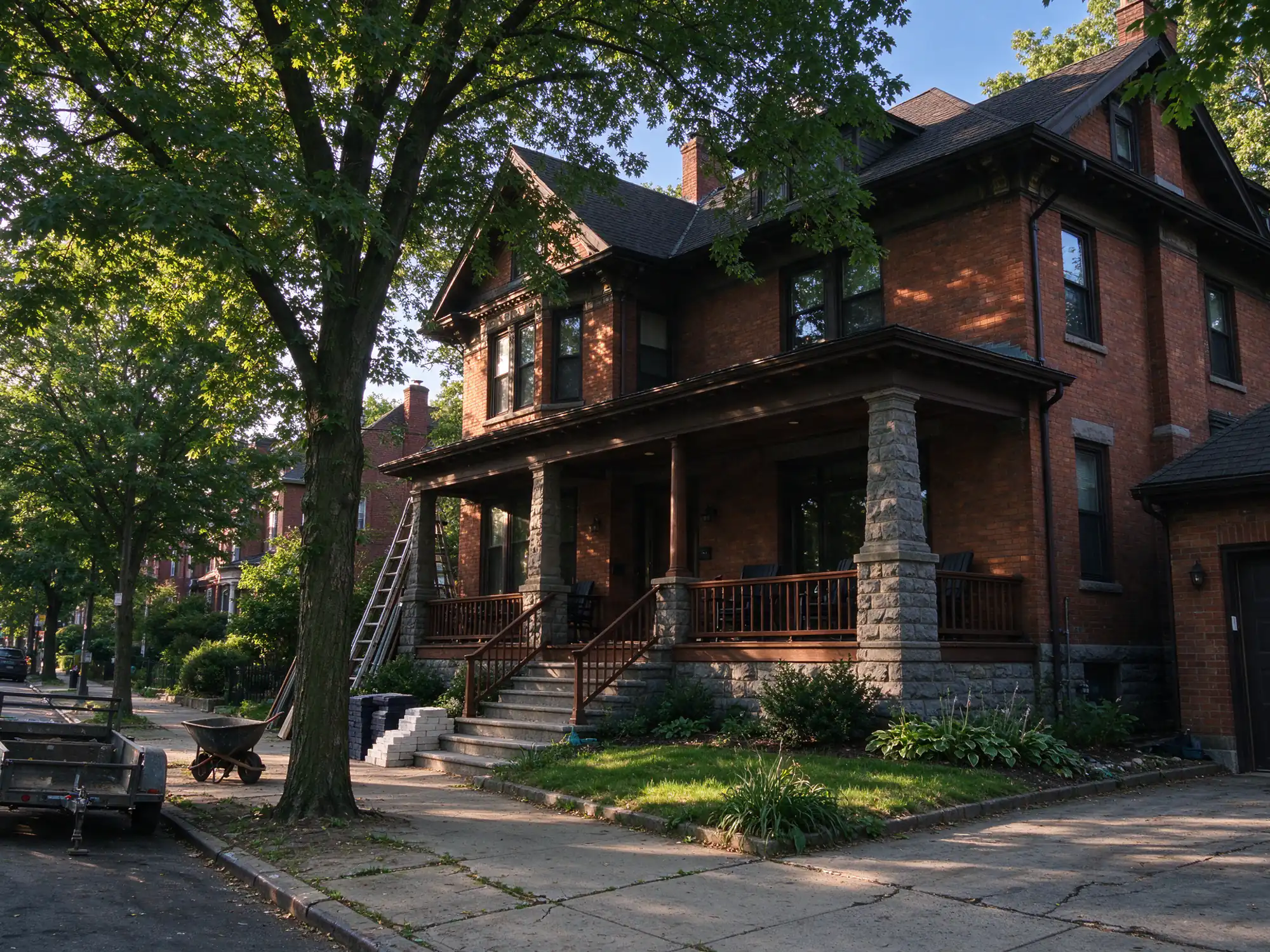 Large early twentieth-century brick house with a porch and stone steps in Forest Hill, Newark