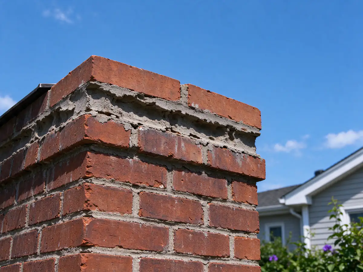 Mortar joints near the top of a brick chimney, eroded and recessed, with blue sky behind