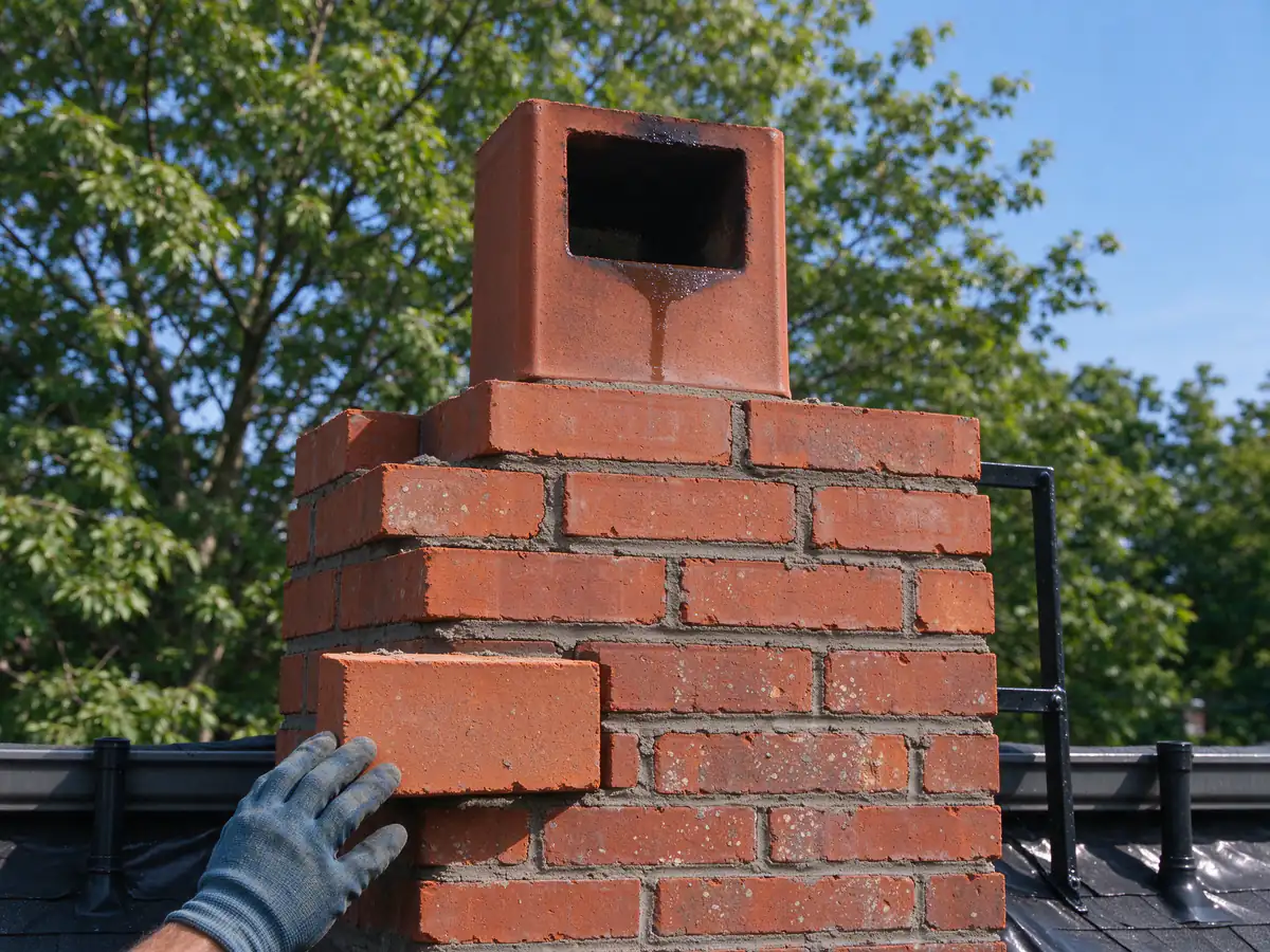 New courses of red brick being laid around a square clay flue tile on a chimney above a roof