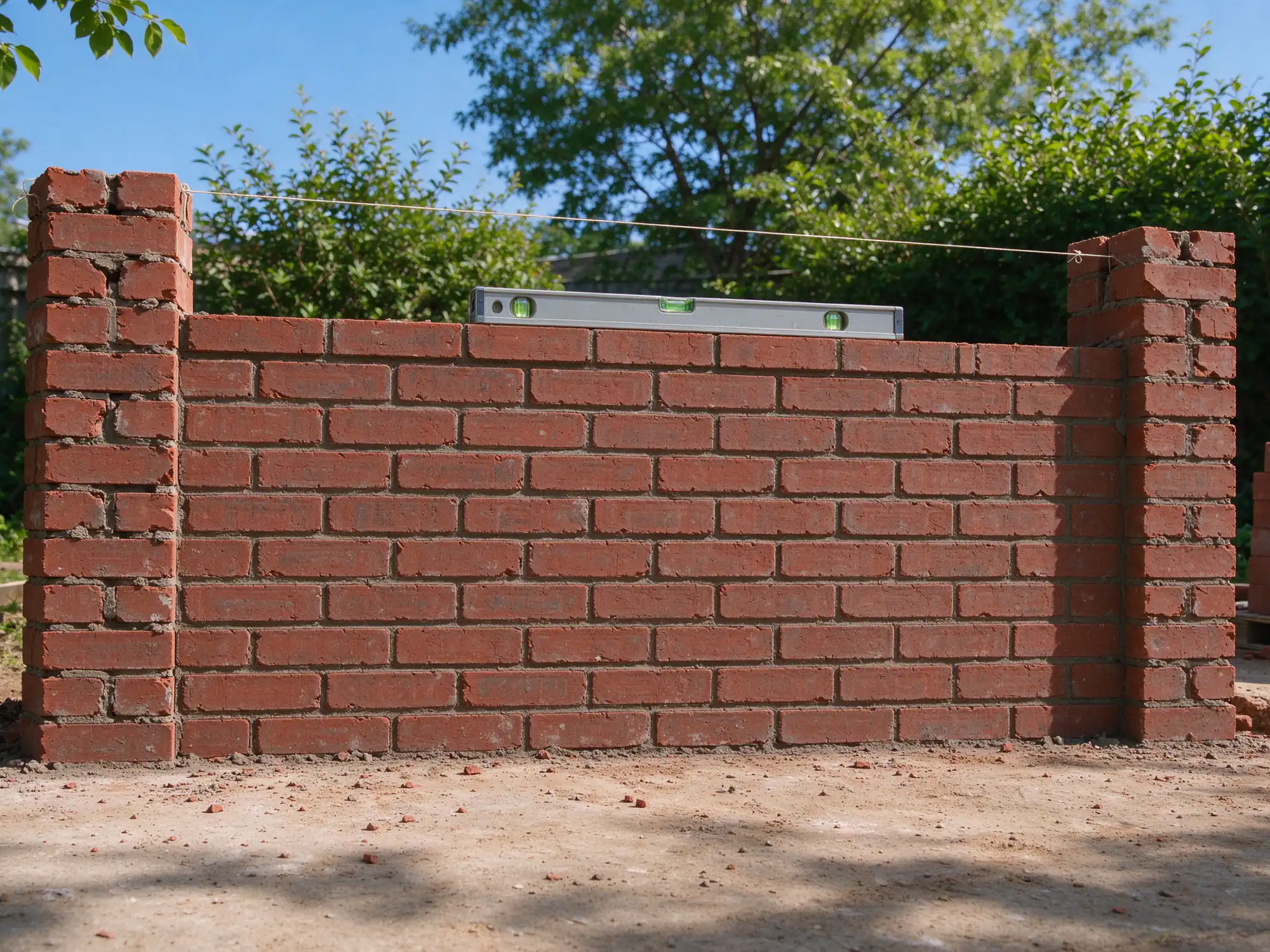 New freestanding red brick garden wall under construction with a mason's line and level
