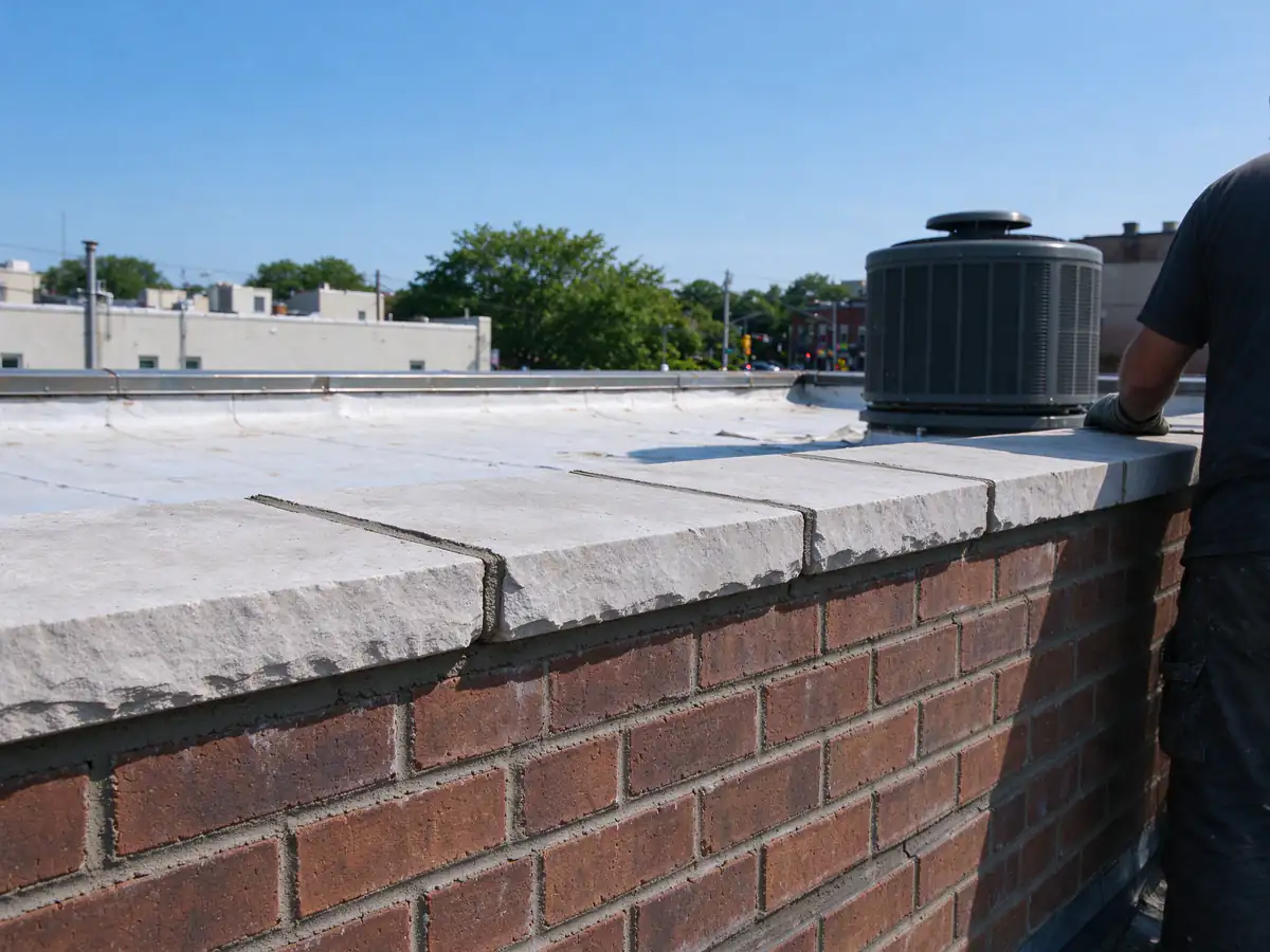 New stone copings set on a brick parapet with fresh joints, on a flat roof