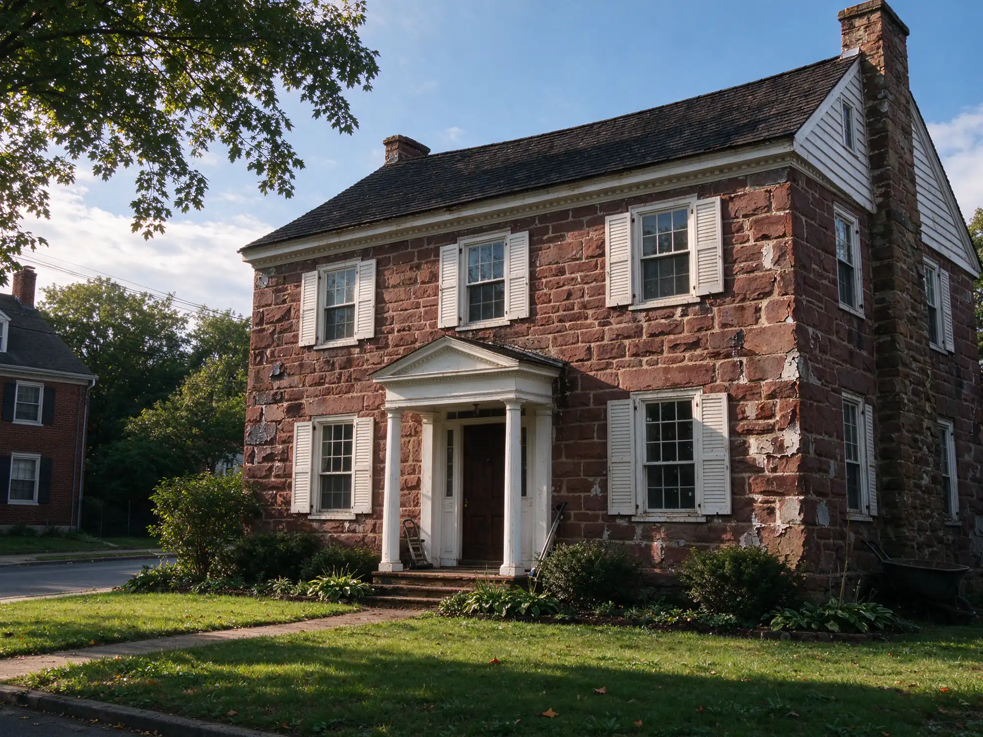 Old brownstone colonial house with patched and weathered stone walls on a quiet street in Nutley, NJ