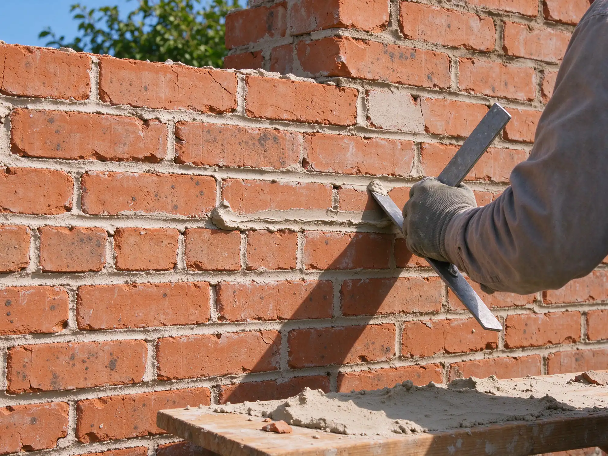 Old soft brick wall being repointed with off-white lime mortar using a slim jointer