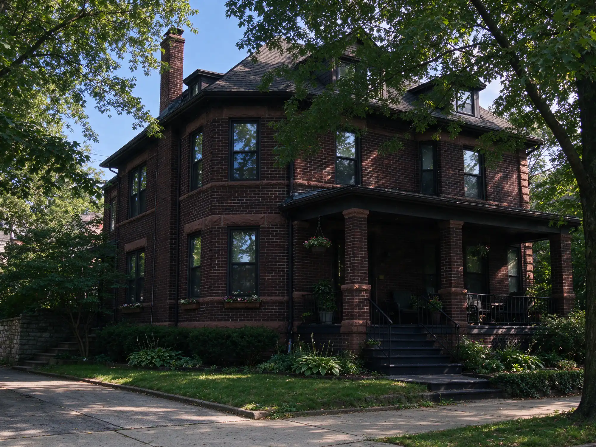Older brick house with a porch on brick piers and a tall chimney in Bloomfield, NJ