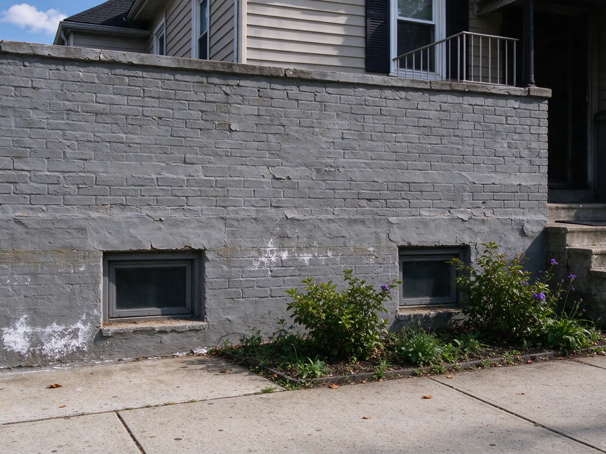 Painted brick foundation of an older two-family house with basement windows, peeling paint and white salt bloom at the base in Harrison, NJ