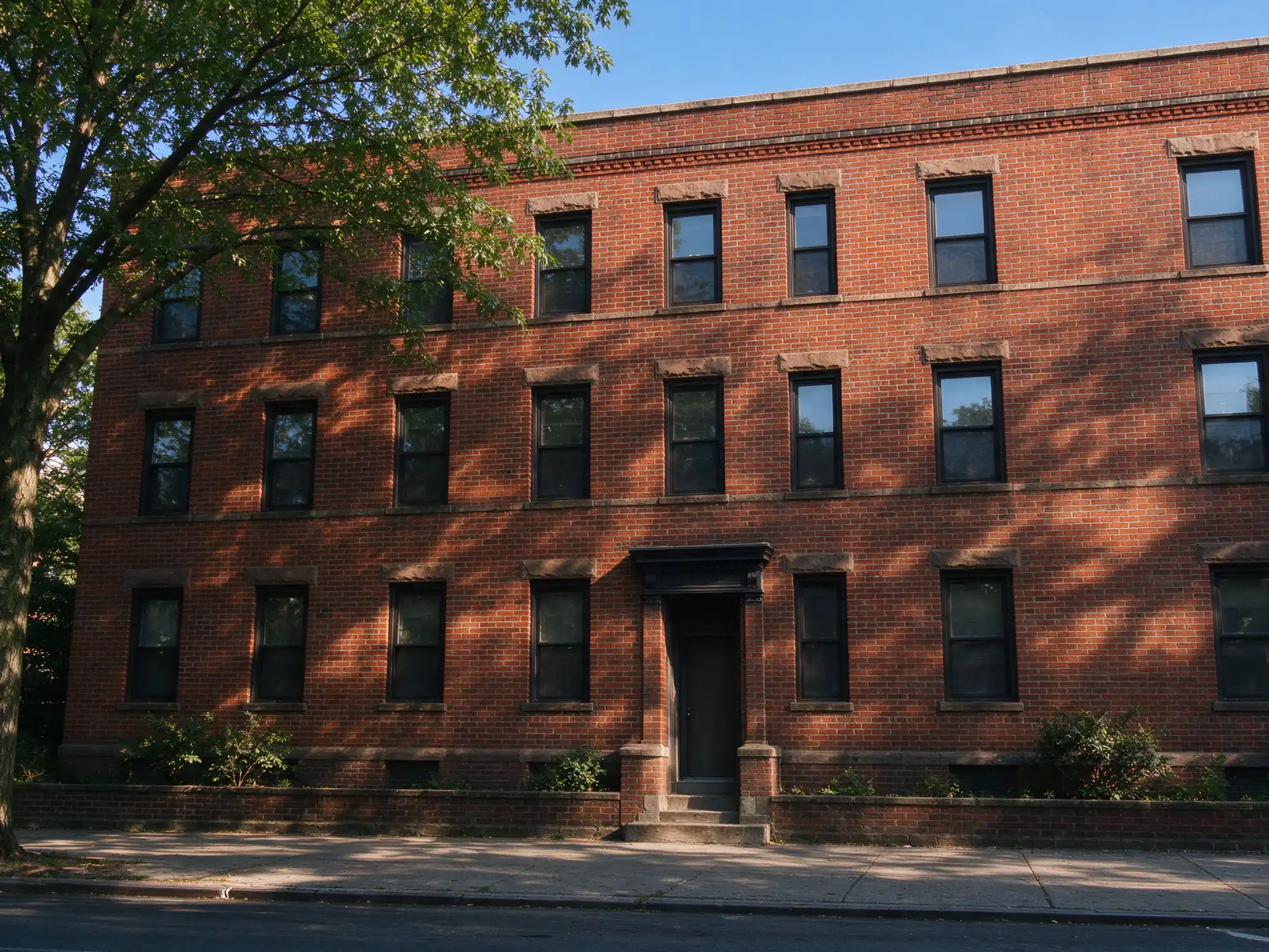 Prewar brick apartment building with parapet and window lintels on a tree-lined East Orange, NJ street