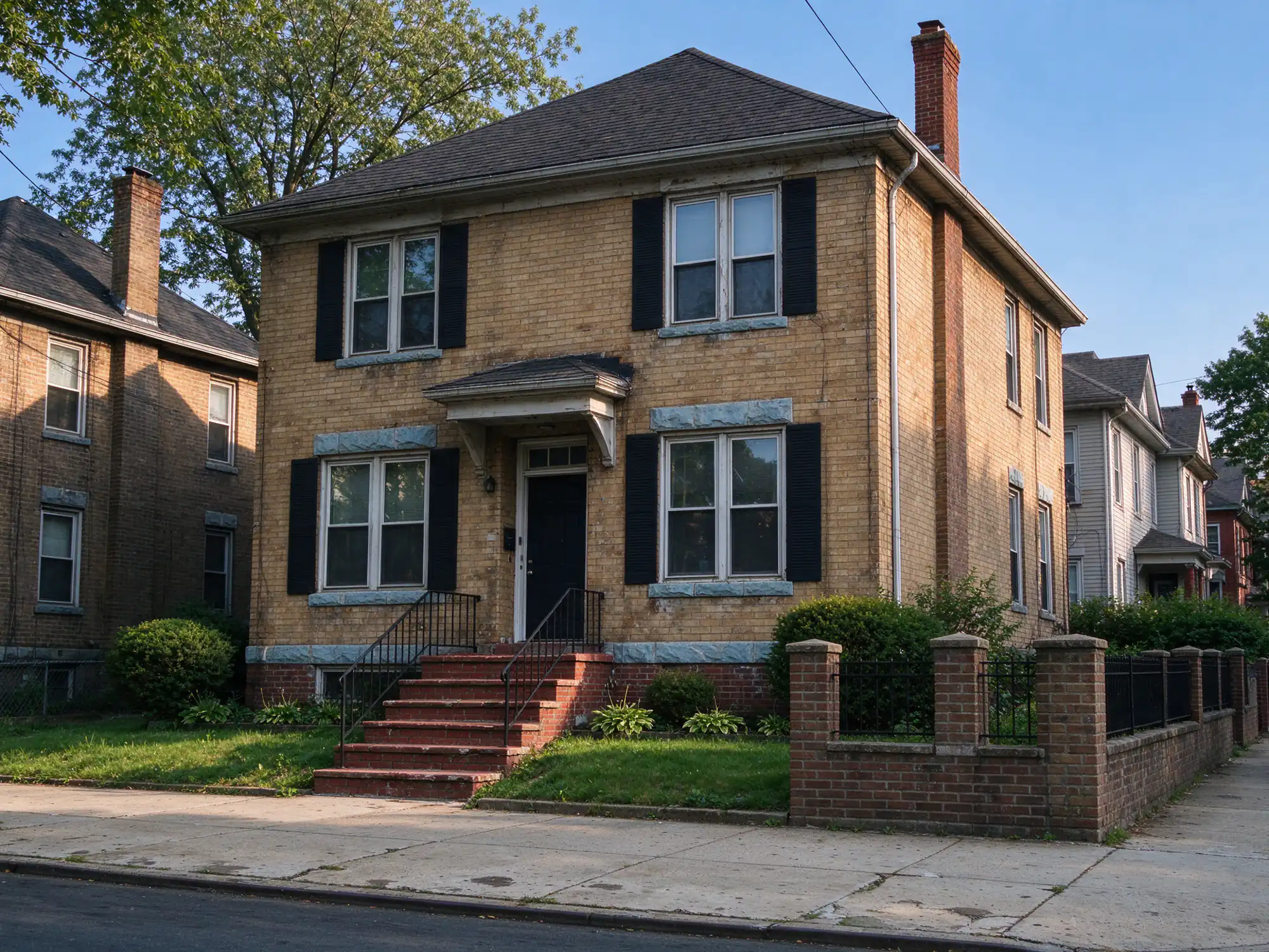 Prewar brick two-family house with a red brick front stoop and stone window sills on a street in Kearny, NJ