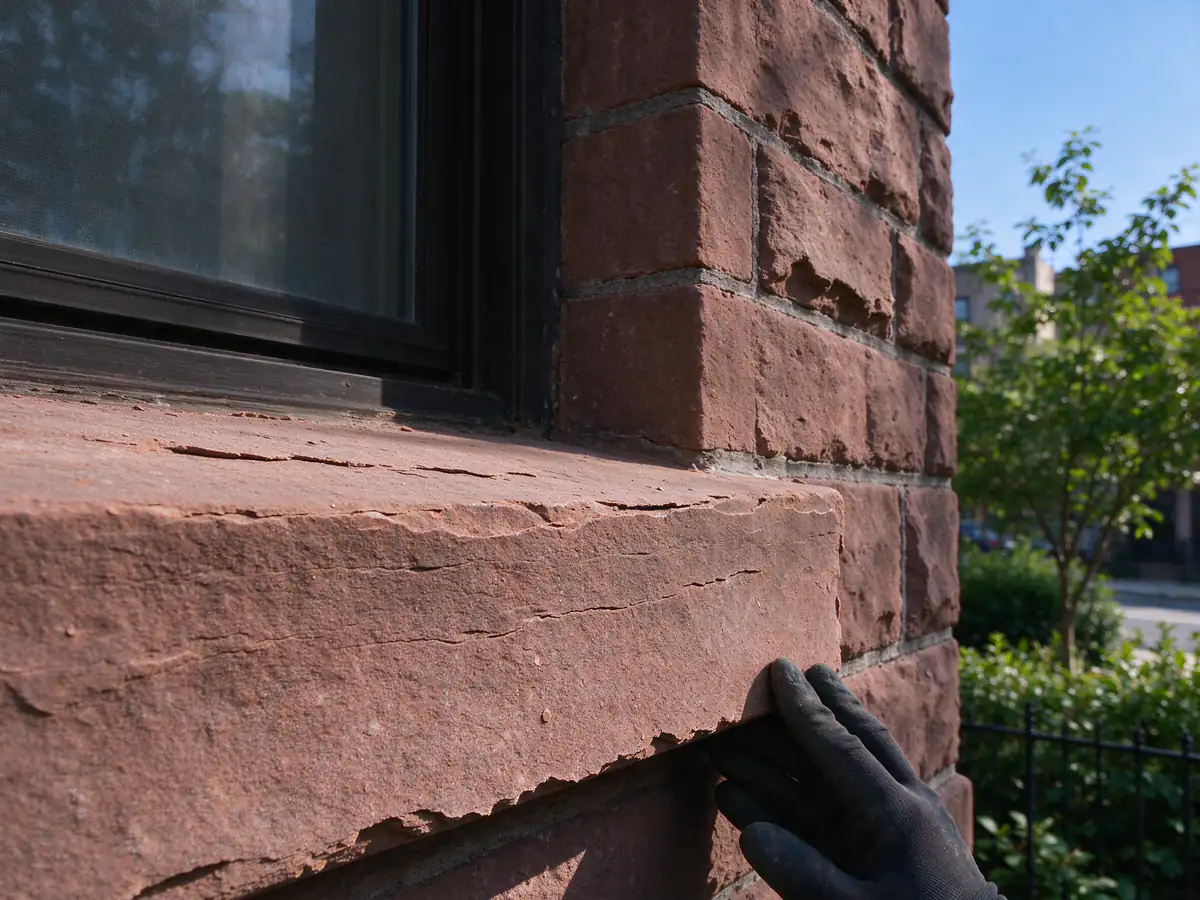 Reddish-brown brownstone with thin delaminating layers on a window sill
