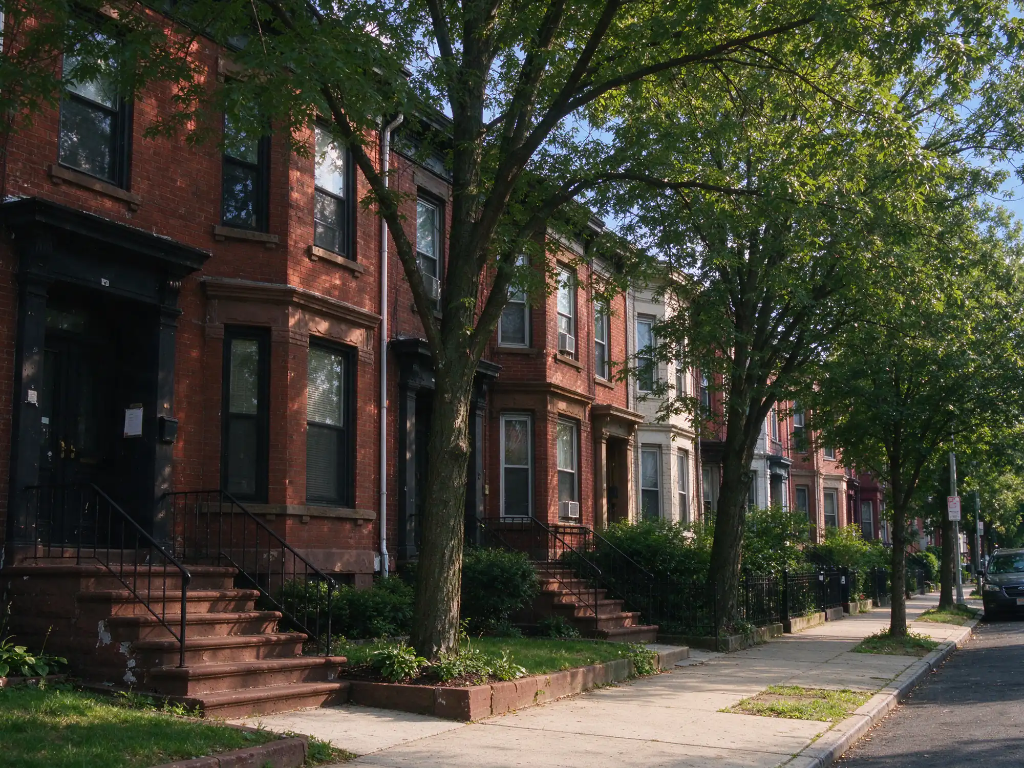 Row of older brick two-family houses with brownstone steps on a Belleville, NJ street