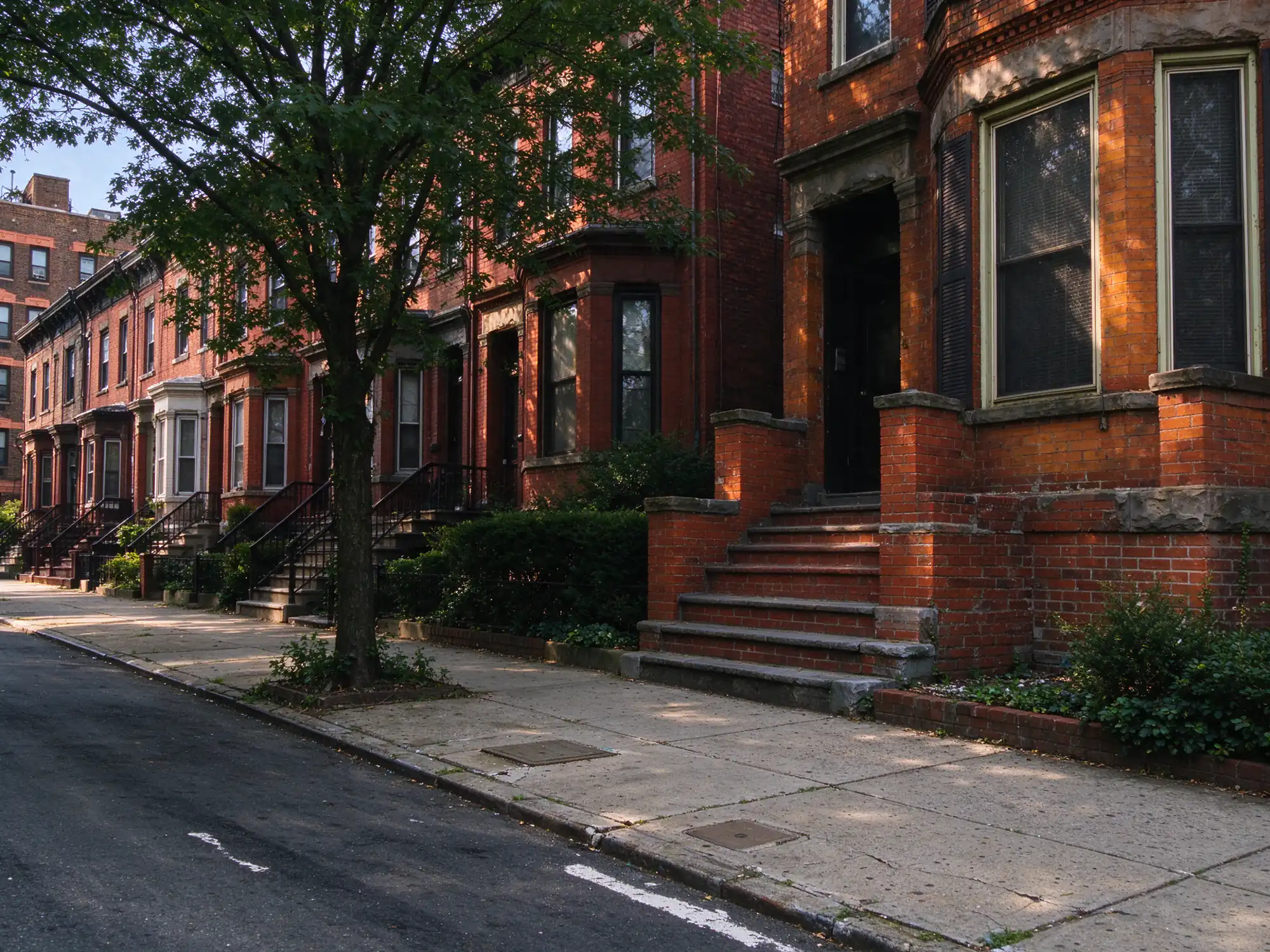 Row of prewar brick houses with brick front stoops and stone trim on a city street in Elizabeth, NJ