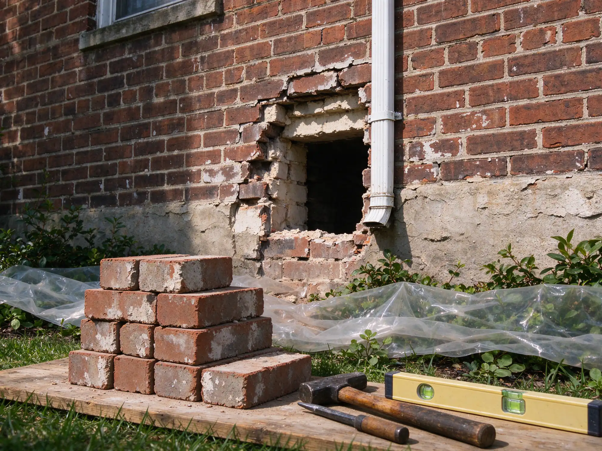 Section of an older brick house wall opened for repair beside a downspout, removed bricks stacked and plantings protected