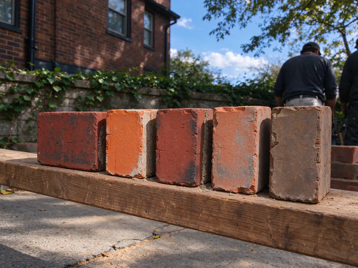 Several salvaged bricks of slightly different red tones laid side by side on a plank for color matching