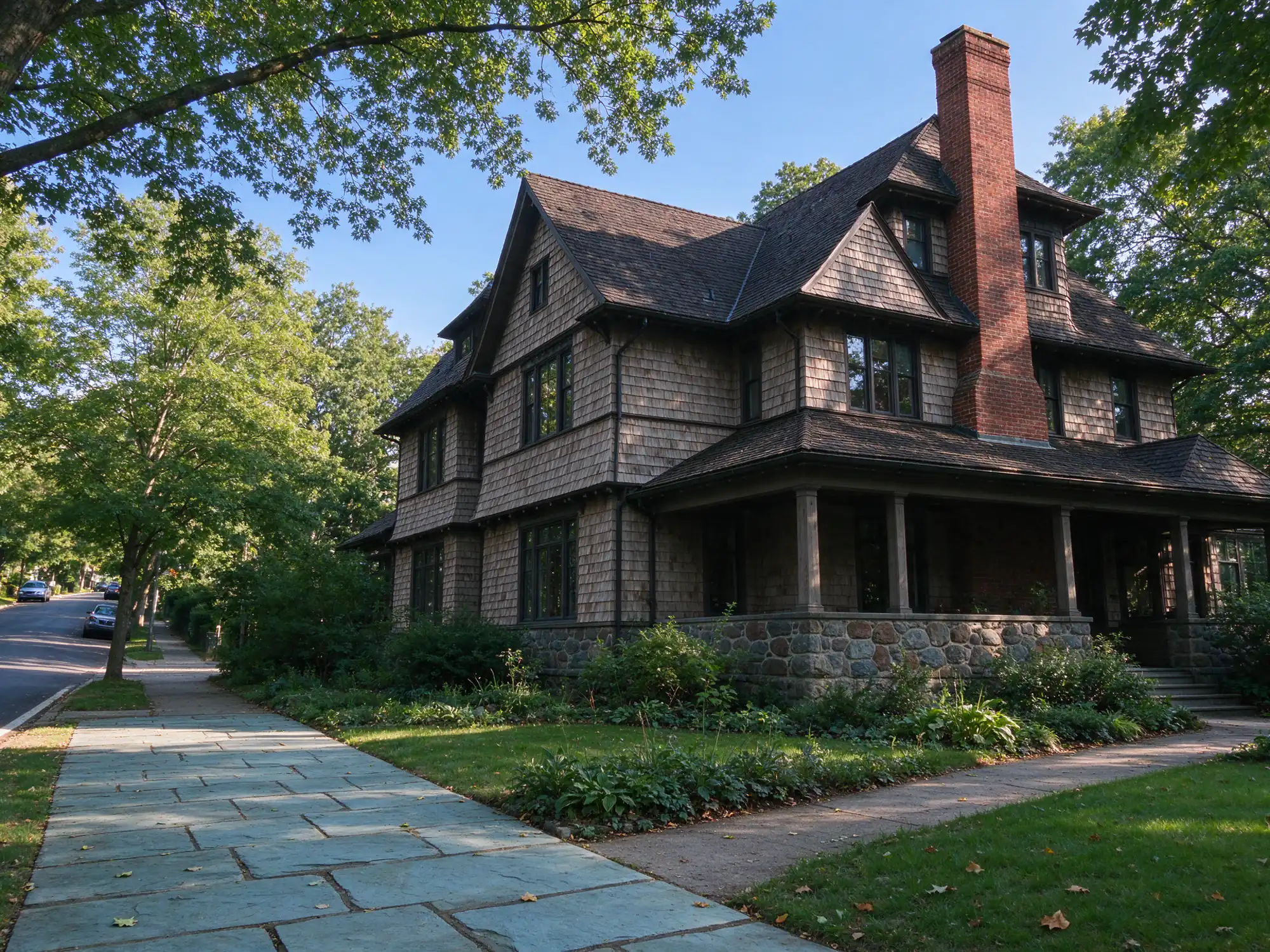 Shingle-style prewar house with a tall brick chimney and a fieldstone foundation beside a bluestone sidewalk in South Orange, NJ