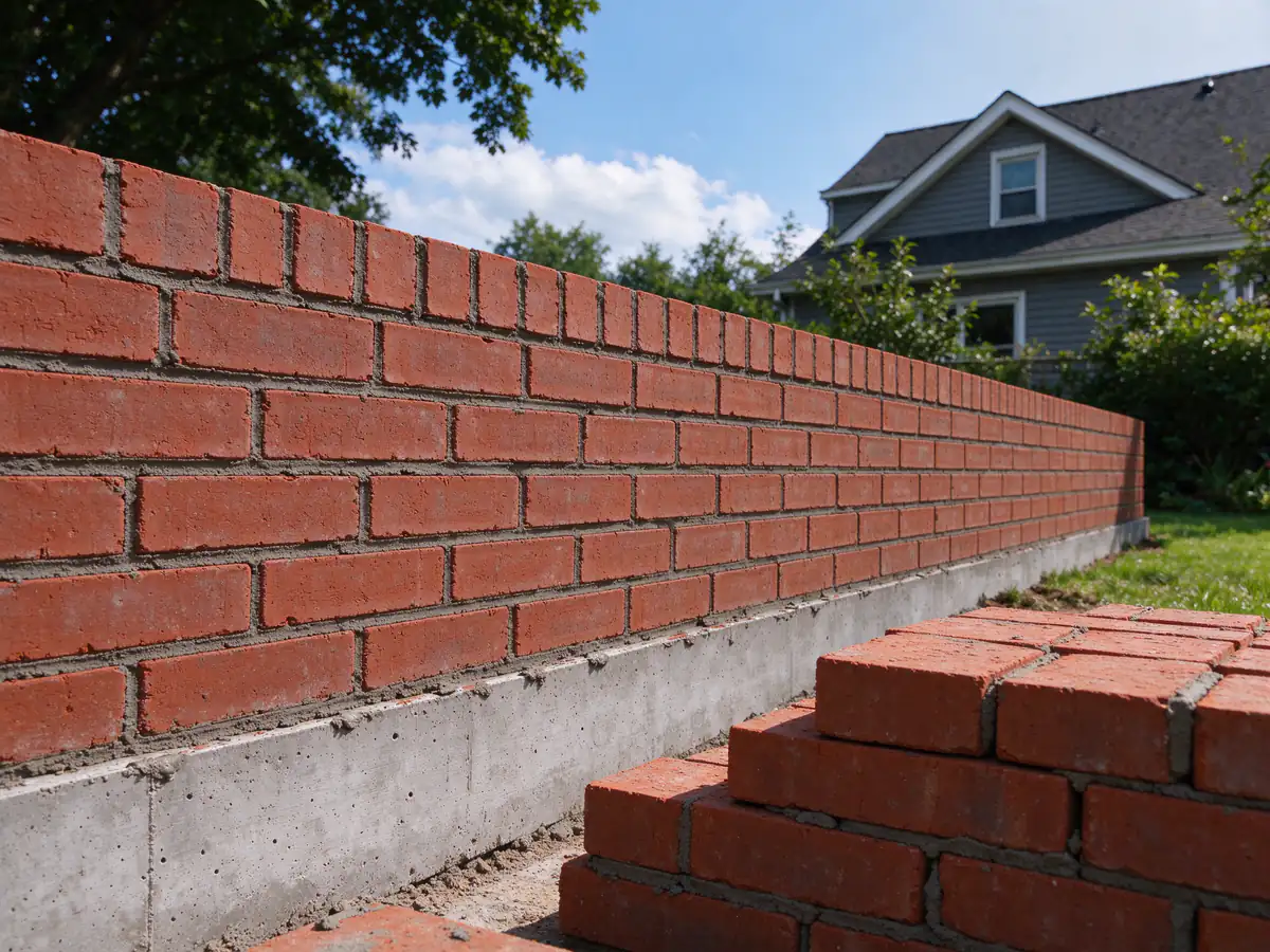 The concrete footing and first courses of a new brick garden wall