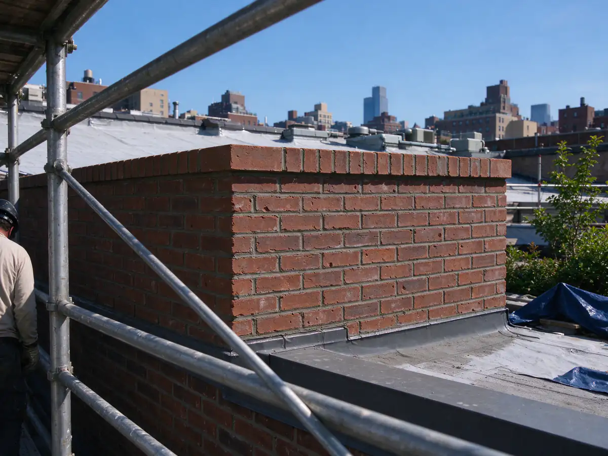 The exterior face of a brick parapet at roofline, freshly repointed, seen from a scaffold