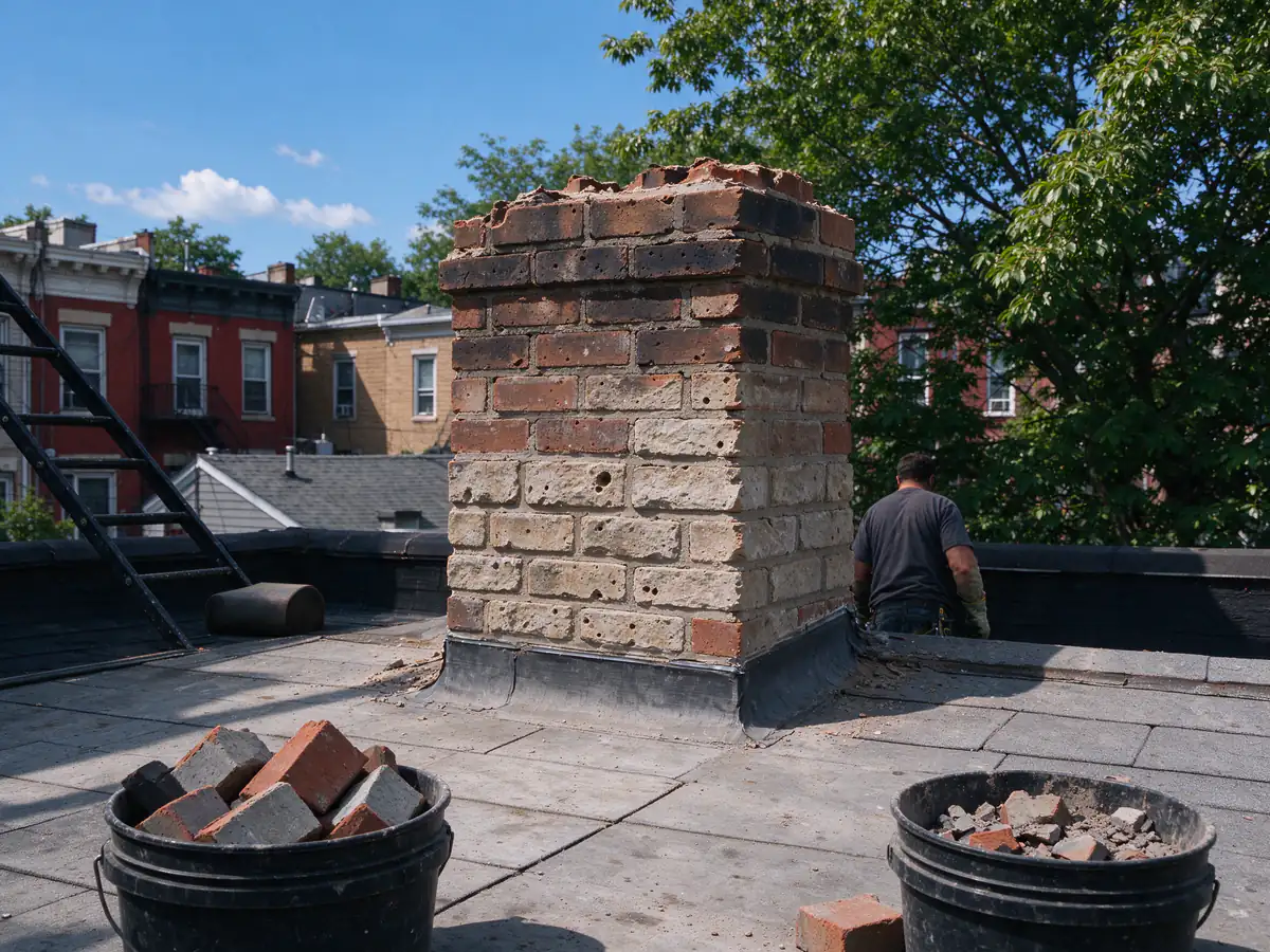 The top of a brick chimney taken down to the roofline, with removed bricks in buckets on a roof platform