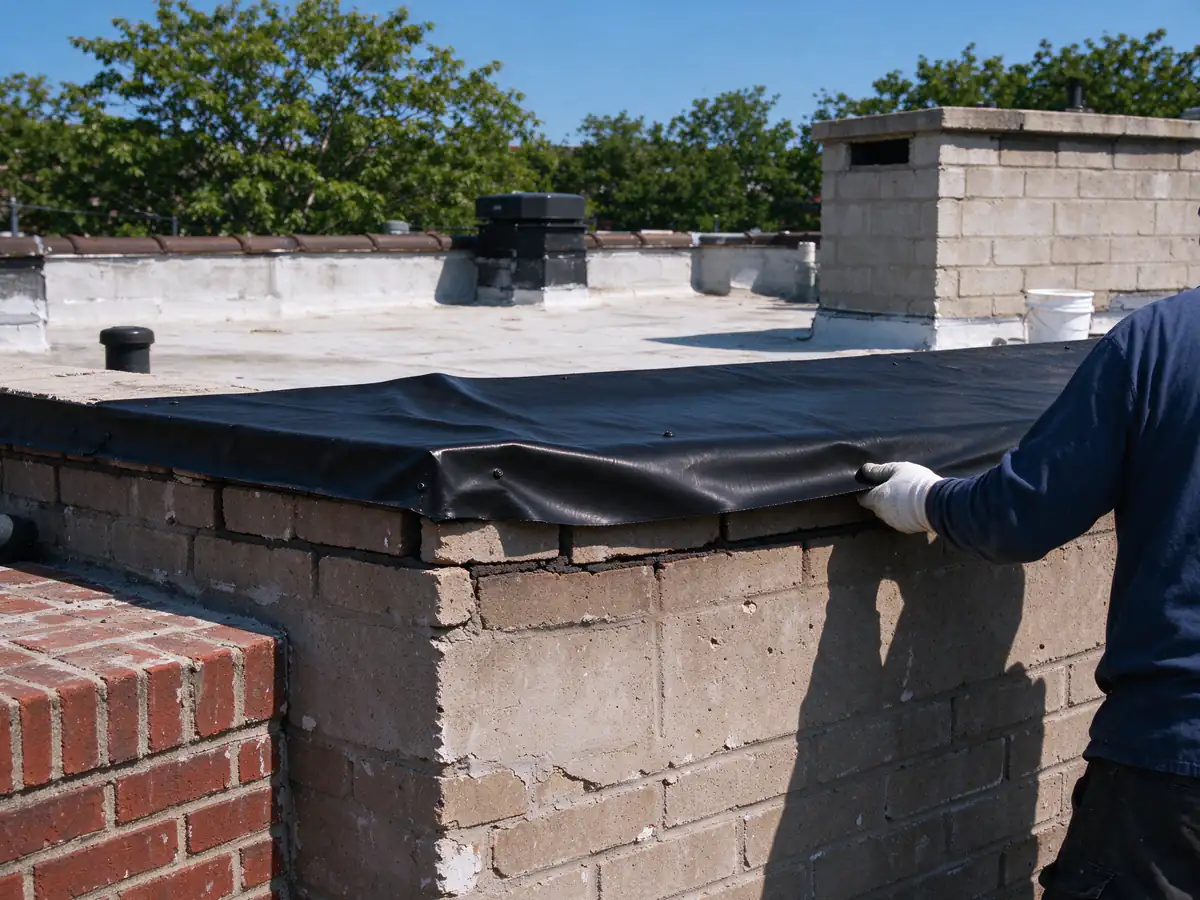 Through-wall flashing laid on top of a parapet wall before the coping goes back on