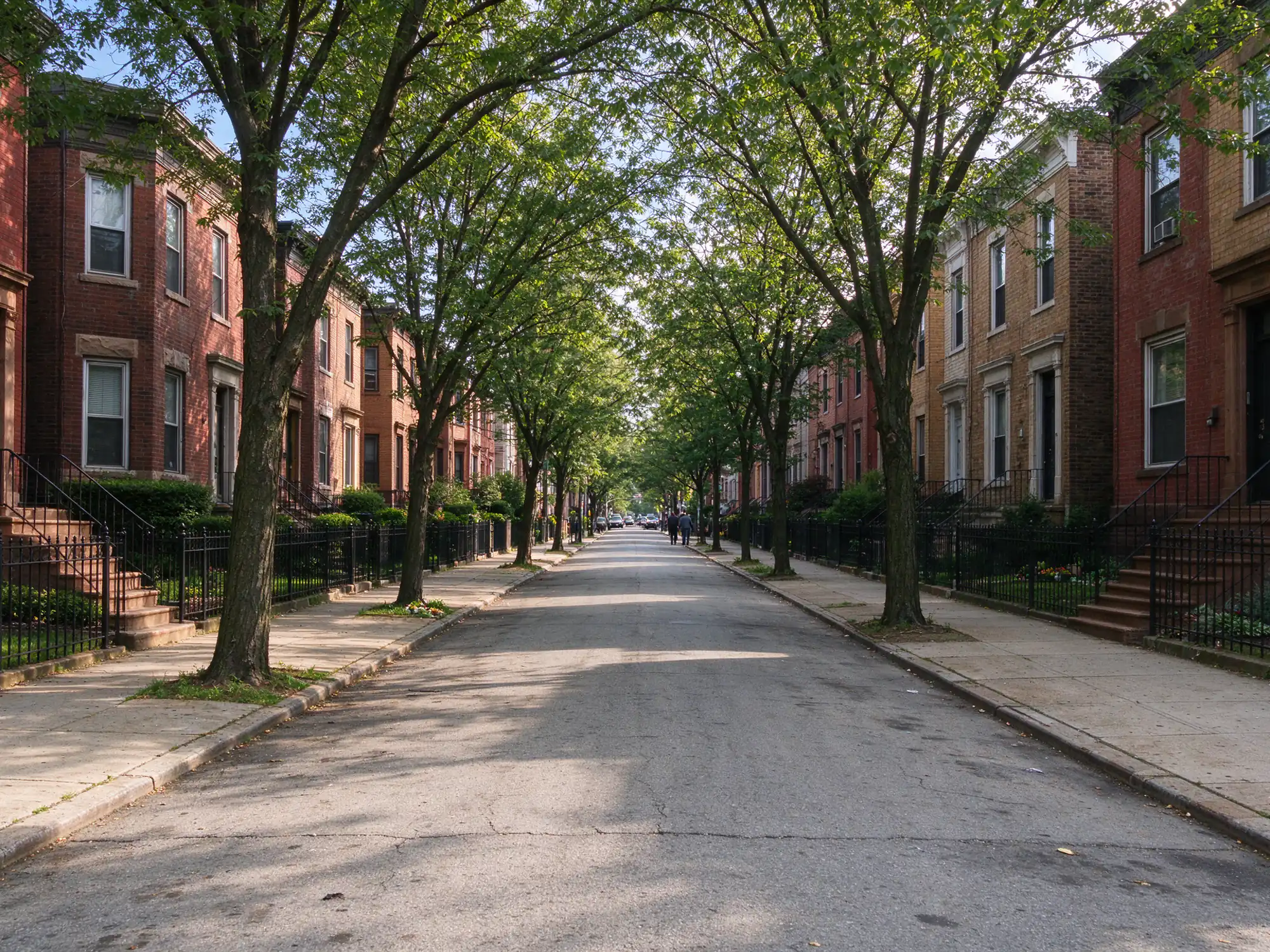 Tree-lined street of closely spaced houses with brick stoops in the Ironbound, Newark