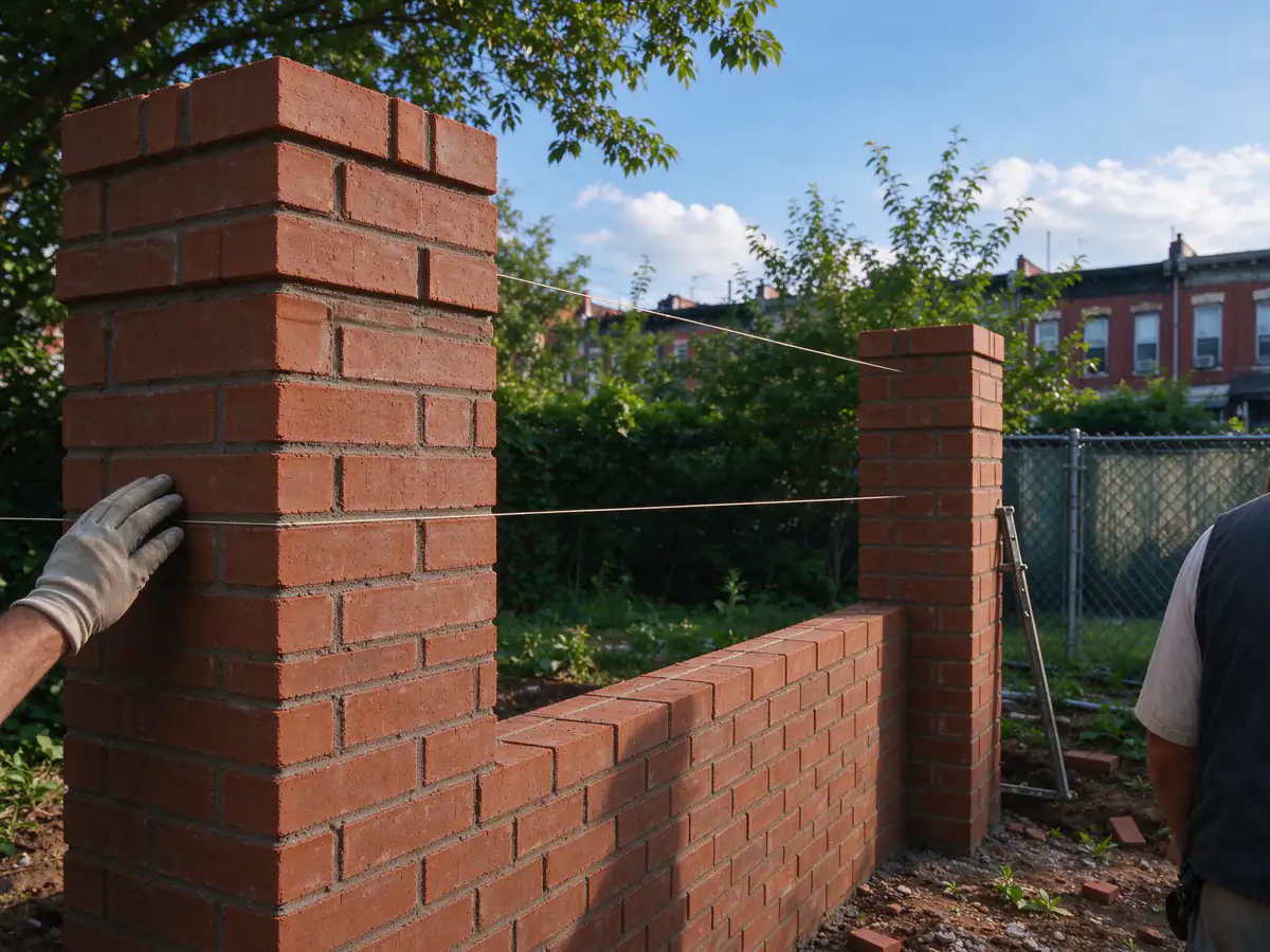 Two brick corner leads built up at the ends of a new wall with a mason's line between them
